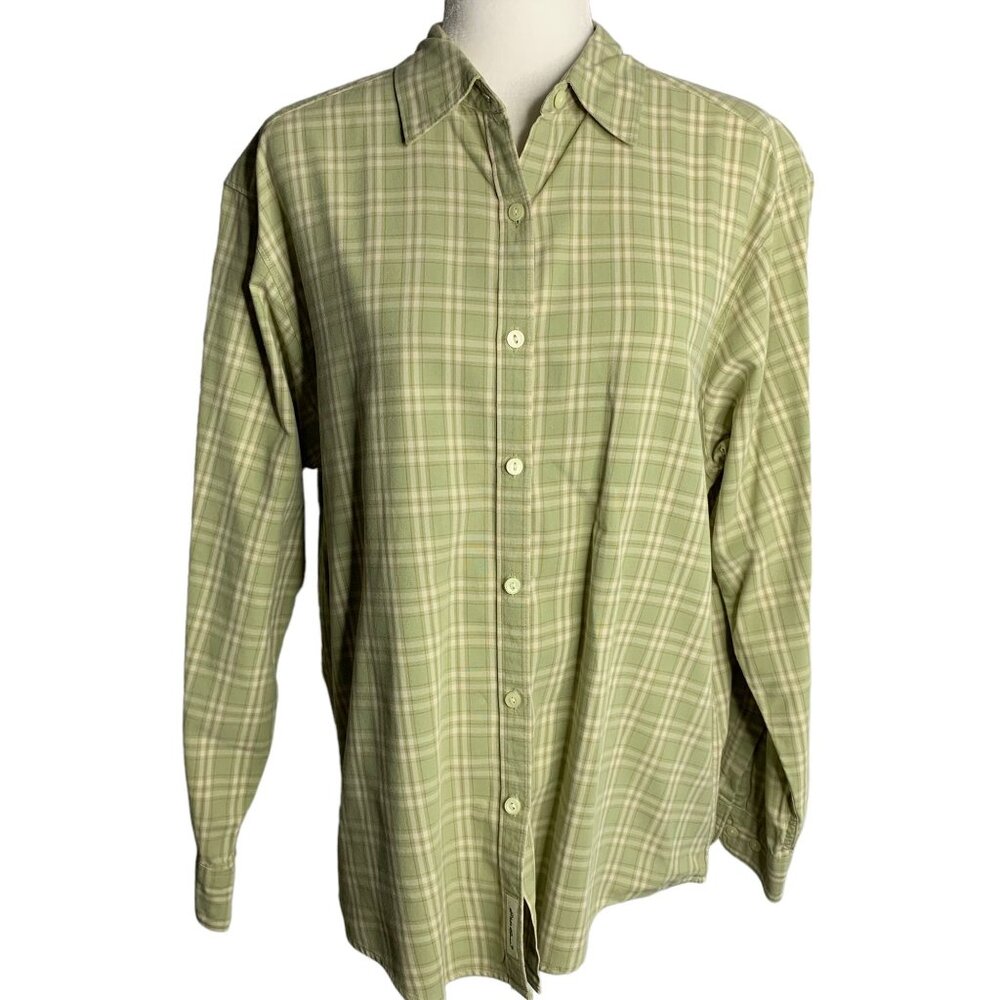 Eddie Bauer Button Up Long Sleeve Shirt L Green Cream Plaid Point Collar Cotton